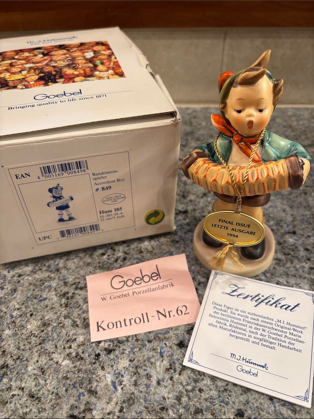 Goebel Hummel Accordion Boy Figurine #849, 5” tall - marked “final issue”